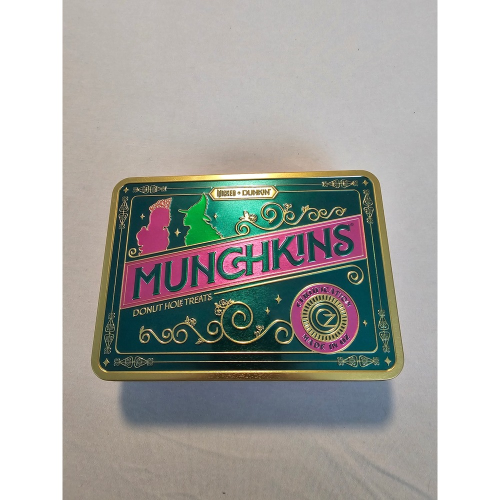 Dunkin Wicked Munchkins Donut Hole Treats Tin‎ Green Pink Gold Collectible Oz